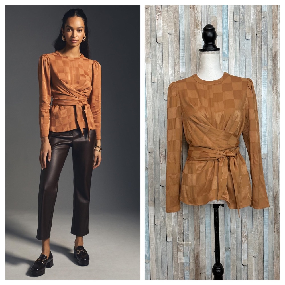 Anthropologie S dRA Checked Textured Wrap Top Blouse Tie Copper Satin Jacquard